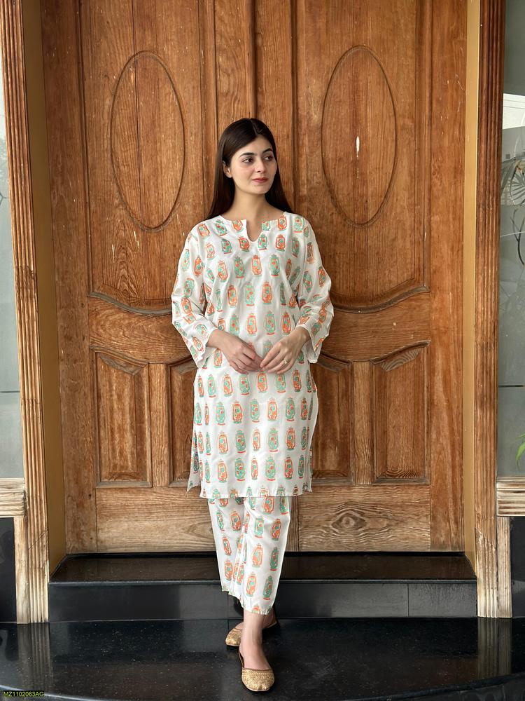 2 PCs Women's Stitched Arabic Lawn Printed Shirt And Trousers