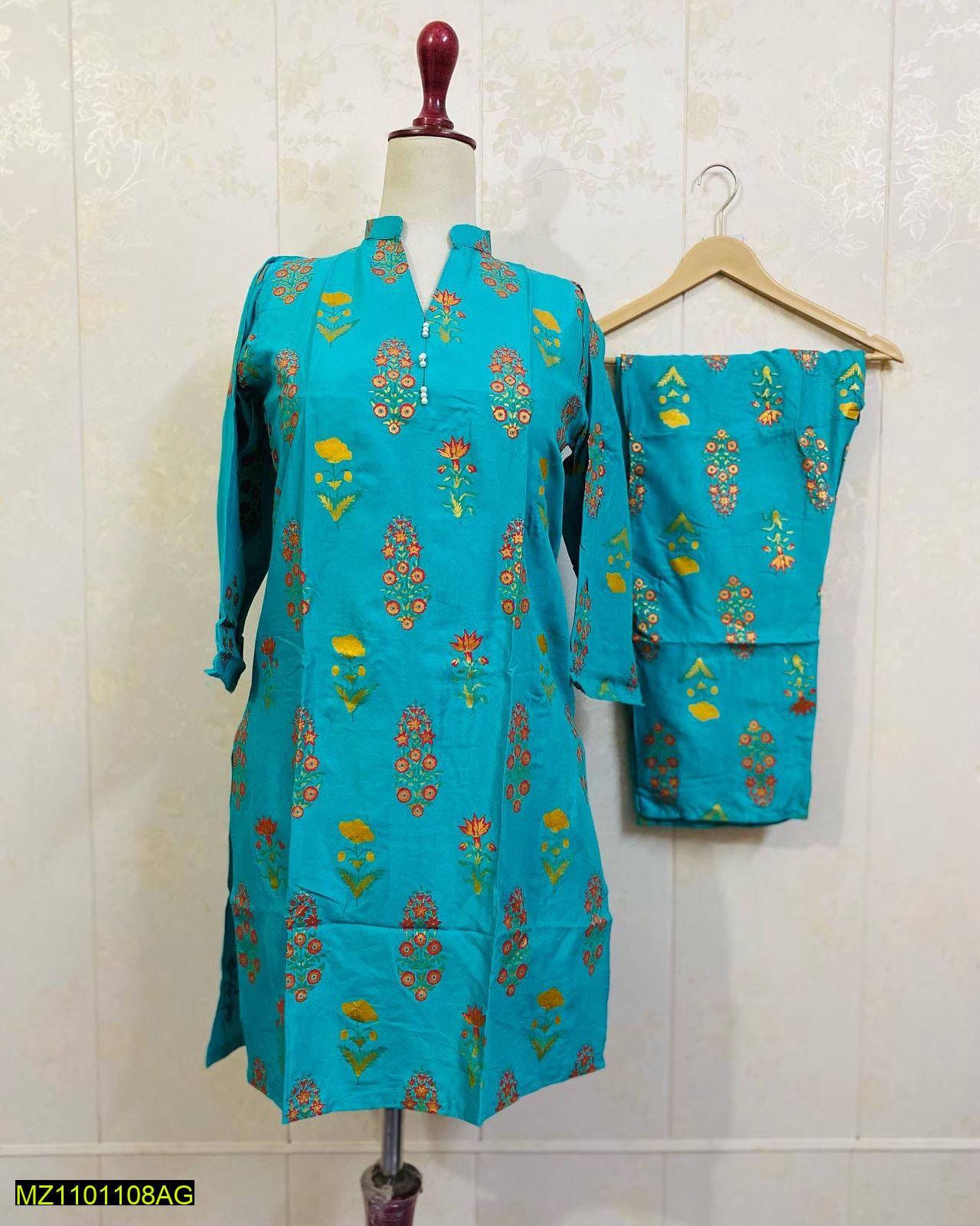 2 Pcs Women's Stitched Linen Block Printed Suit